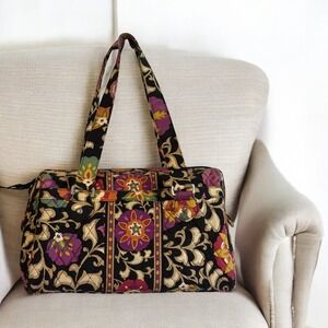 Vera Bradley Suzani‎  Satchel Floral Quilted Handbag Purse Black Purple Tan